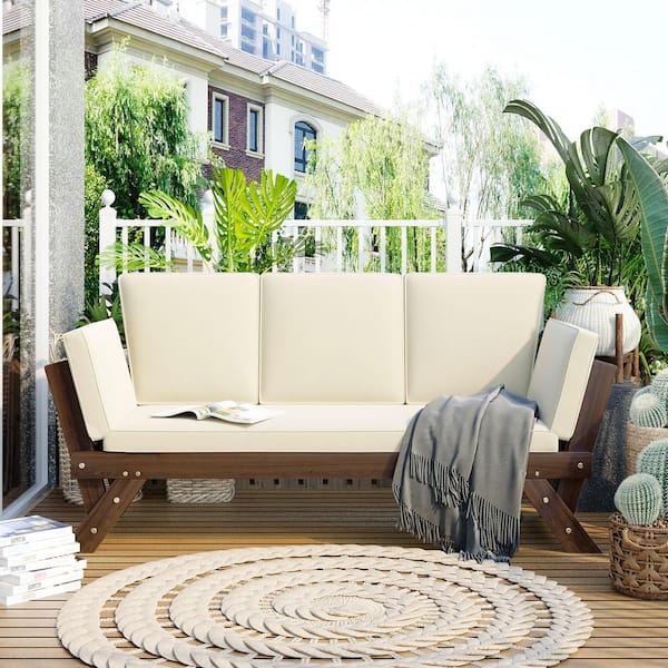 Unbranded Adjustable Brown Wood Outdoor Chaise Lounge with Beige Cushions for Small Places