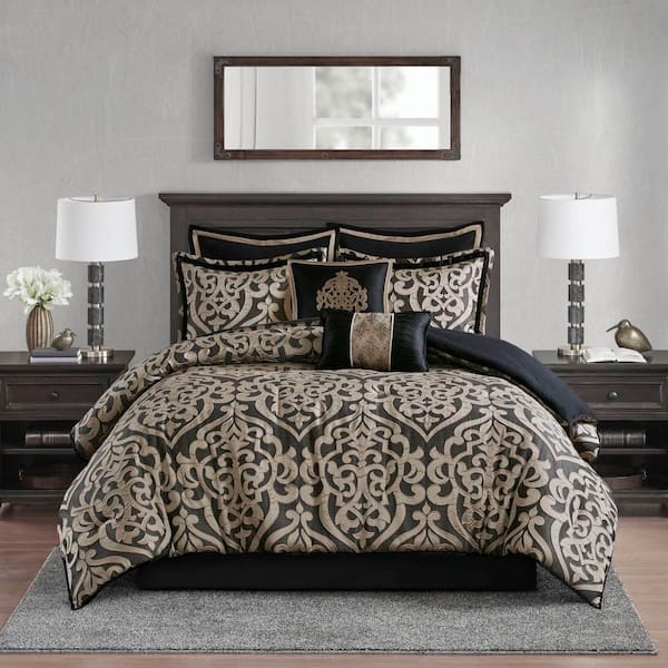 Dillon 8-Piece Black Polyester King Jacquard Comforter Set