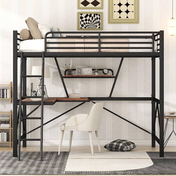 Full Black Metal and MDF Frame Loft Bed with Desk and Shelf for Kids and Teens