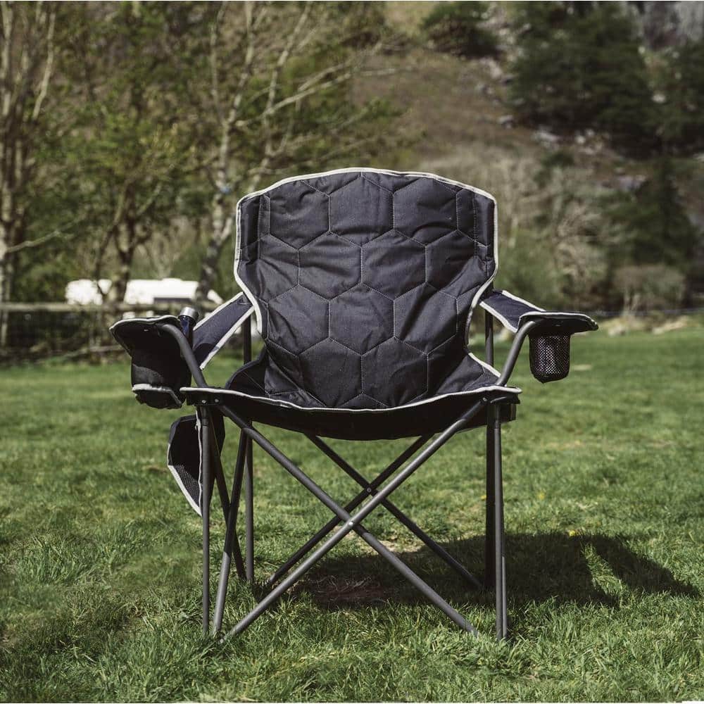 Black Oversized Camping Chair Folding Lawn Chairs with Armrest Cup Holder &