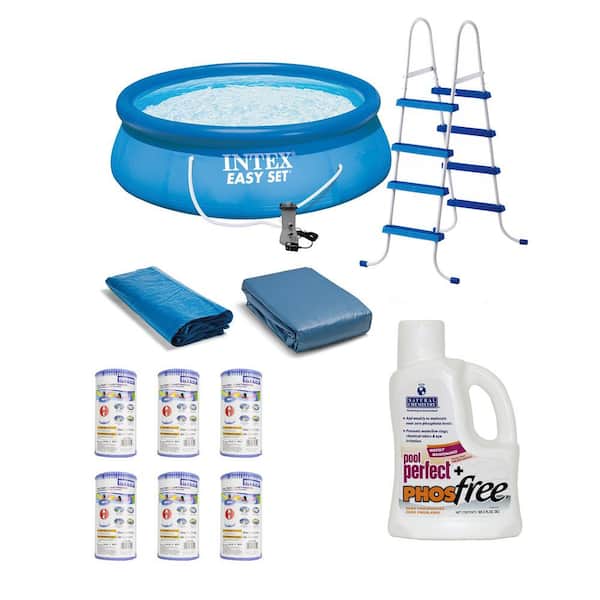 Intex 15 ft. Round x 4 ft. D Easy Set Inflatable Pool, Ladder, Pump, Cartridges and Phosphate Remover