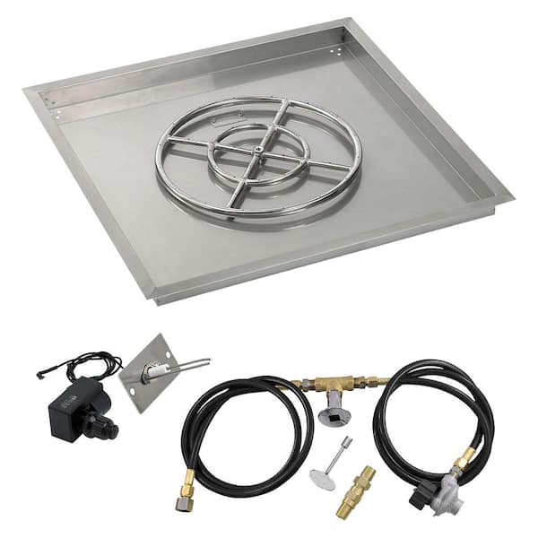American Fire Glass 30 in. sq. Stainless Steel Drop-In Pan with Spark Ignition Kit (18 in. Fire Pit Ring) Propane