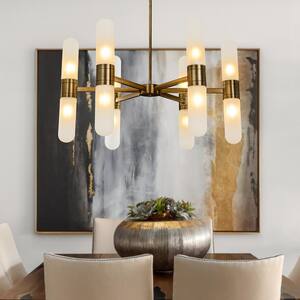 12-Light W 35 in. Modern Wagon Wheel Chandelier in Antique Bronze with Frosted Glass Shade for Dining Room