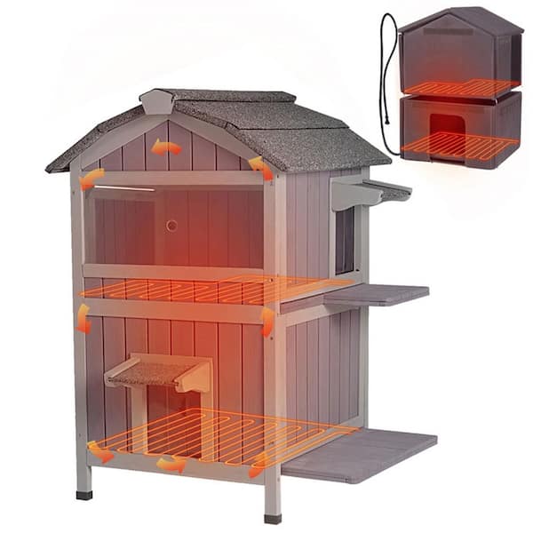 2-Story Heated Cat House with Liner, Weatherproof Cat Shelter for Outdoor, Insulated Feral Cat House