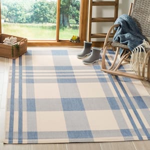 Courtyard Beige/Blue Doormat 2 ft. x 4 ft. Striped Indoor/Outdoor Patio Area Rug