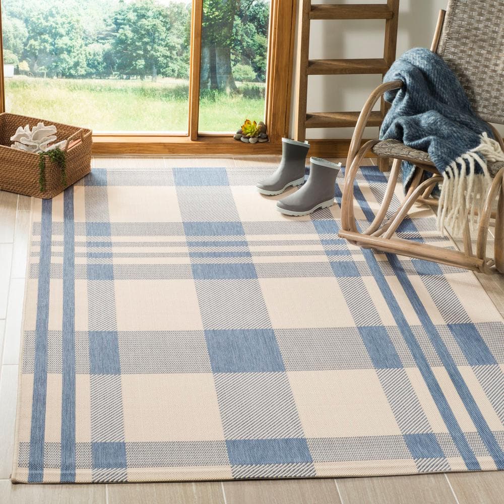 Beige and Blue Plaid Synthetic Indoor/Outdoor Area Rug