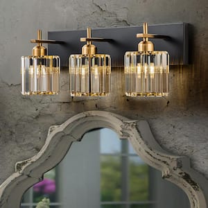 Orillia 20.5 in. 3-Light Black and Gold Bathroom Vanity Light with Crystal Shade Wall Sconce Over Mirror