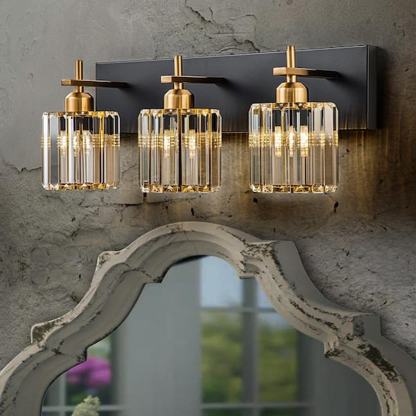 Orillia 20.5 in. 3-Light Black and Gold Bathroom Vanity Light with Crystal Shade Wall Sconce Over Mirror