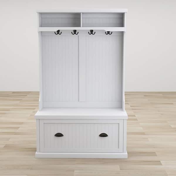 White Entryway Hall Tree with Coat Rack 4-Hooks and Storage Bench Shoe-Cabinet