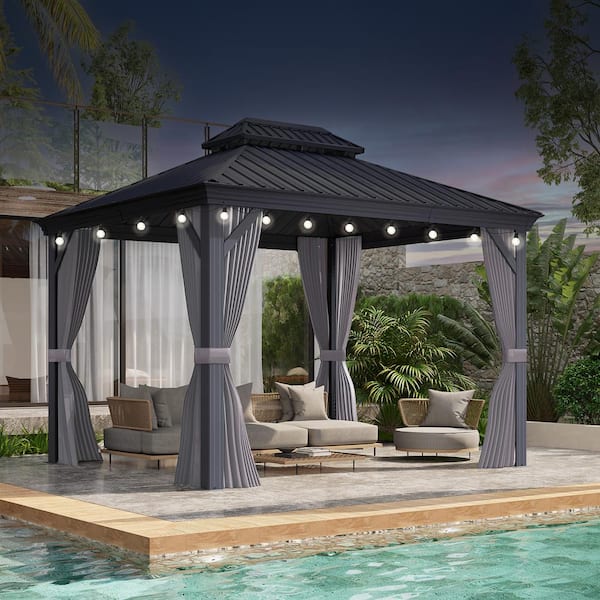PURPLE LEAF 10 ft.x 13 ft.Gray Patio Outdoor Gazebo for Backyard Hardtop Aluminum Frame with Hooks ,Netting , Curtain 24 Lights