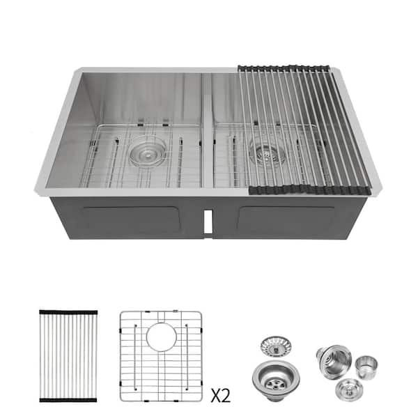30 in. Undermount Double Bowl(50/50) 16 Gauge Brushed Nickel Stainless Steel Kitchen Sink with Bottom Grids
