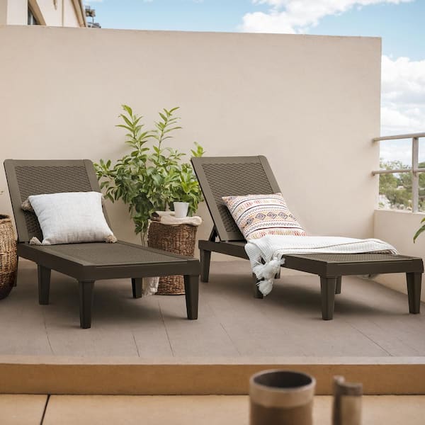 Tozey Brown Resin Outdoor Chaise Lounge Set of 2 Waterproof Plastic Quick Assembly Chairs with Adjustable Back
