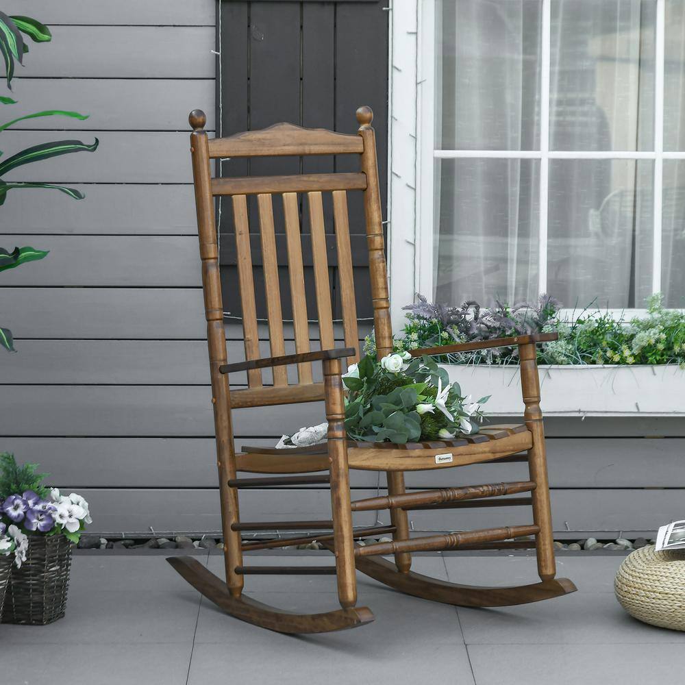 Brown Wooden High-Back Rocking Chair with Arms