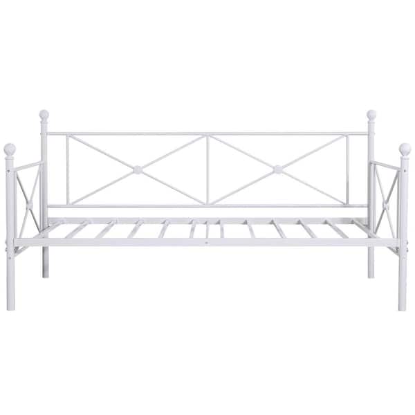 VECELO Classic Metal White Twin Size Daybed Frame，Multifunctional Mattress Foundation/Bed Sofa with Headboard