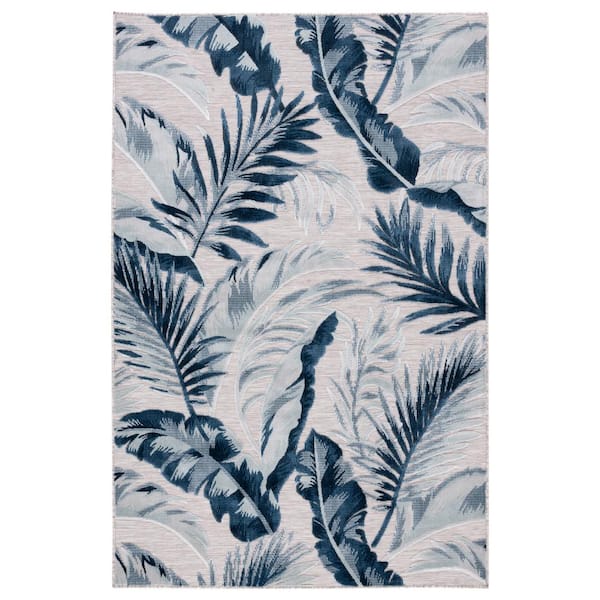 Cabana Beige/Navy 9 ft. x 12 ft. High-Low Leaf Indoor/Outdoor Area Rug