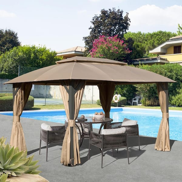 Mondawe 10 ft. x 14 ft. Dark Gray Steel Frame Outdoor Patio Double Canopy Gazebo with Light Brown Curtains and Mosquito Net