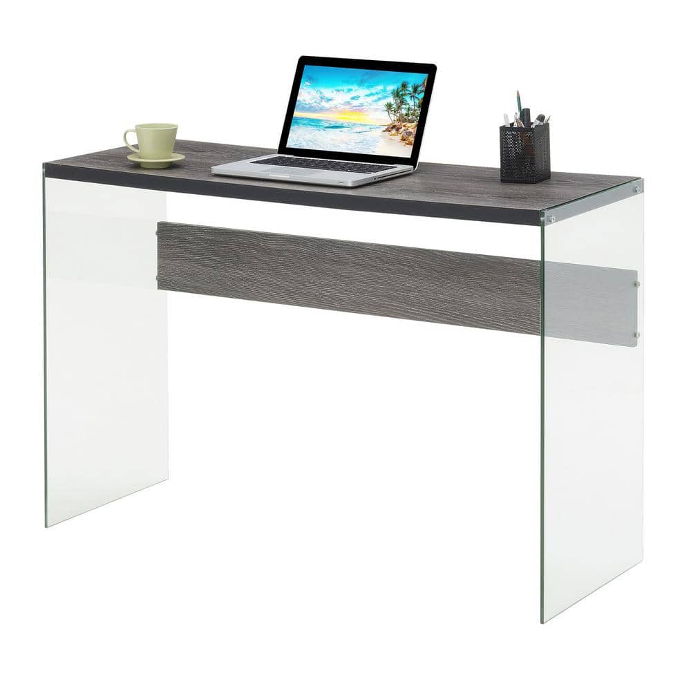 Weathered Gray Wood and Glass Console Table with Storage