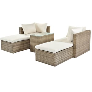 Plato Brown 5-Piece Wicker Rattan Outdoor Patio Furniture Set Sectional Sofa Set with Beige Cushions