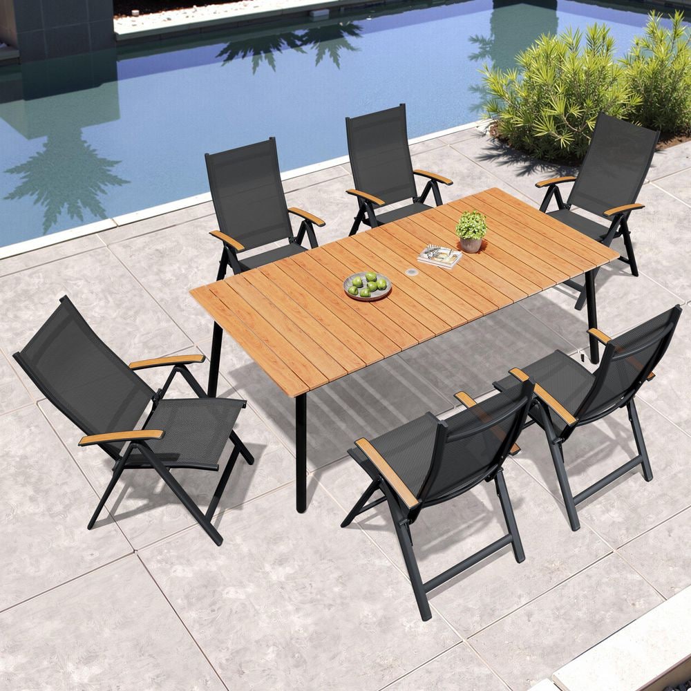 7-Piece Outdoor Dining set 6 Foldable Chair with Textilene Aluminum 82.5 in. L Table with Umbrella Hole WPC Top in Brown price history on PriceWatchPro