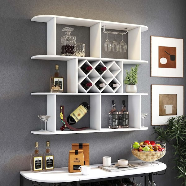 Unbranded 6-Bottle White Wood Wall Mounted Wine Rack with Wine Glass  Holder, Multifunctional Floating Shelves, 3-Tier Wine Rack W331P277923YF