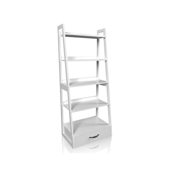 Furniture of America 64 in. White Wood 5-shelf Ladder Bookcase with Drawers