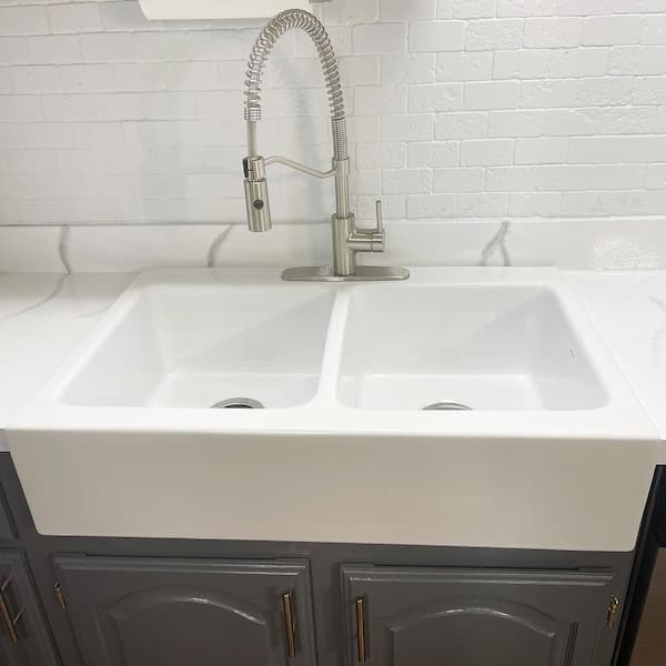 Elevate Quick-Fit Drop-in Farmhouse Fireclay 33.85 in. 3-Hole Double Bowl Kitchen Sink in Crisp White