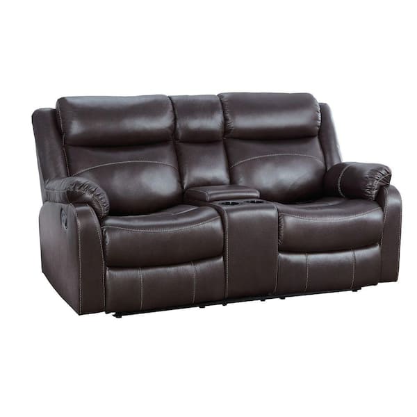 Benjara 36.5 in. Brown Solid Leather 2-Seater Reclining Console Loveseat with Dual Cup Holders