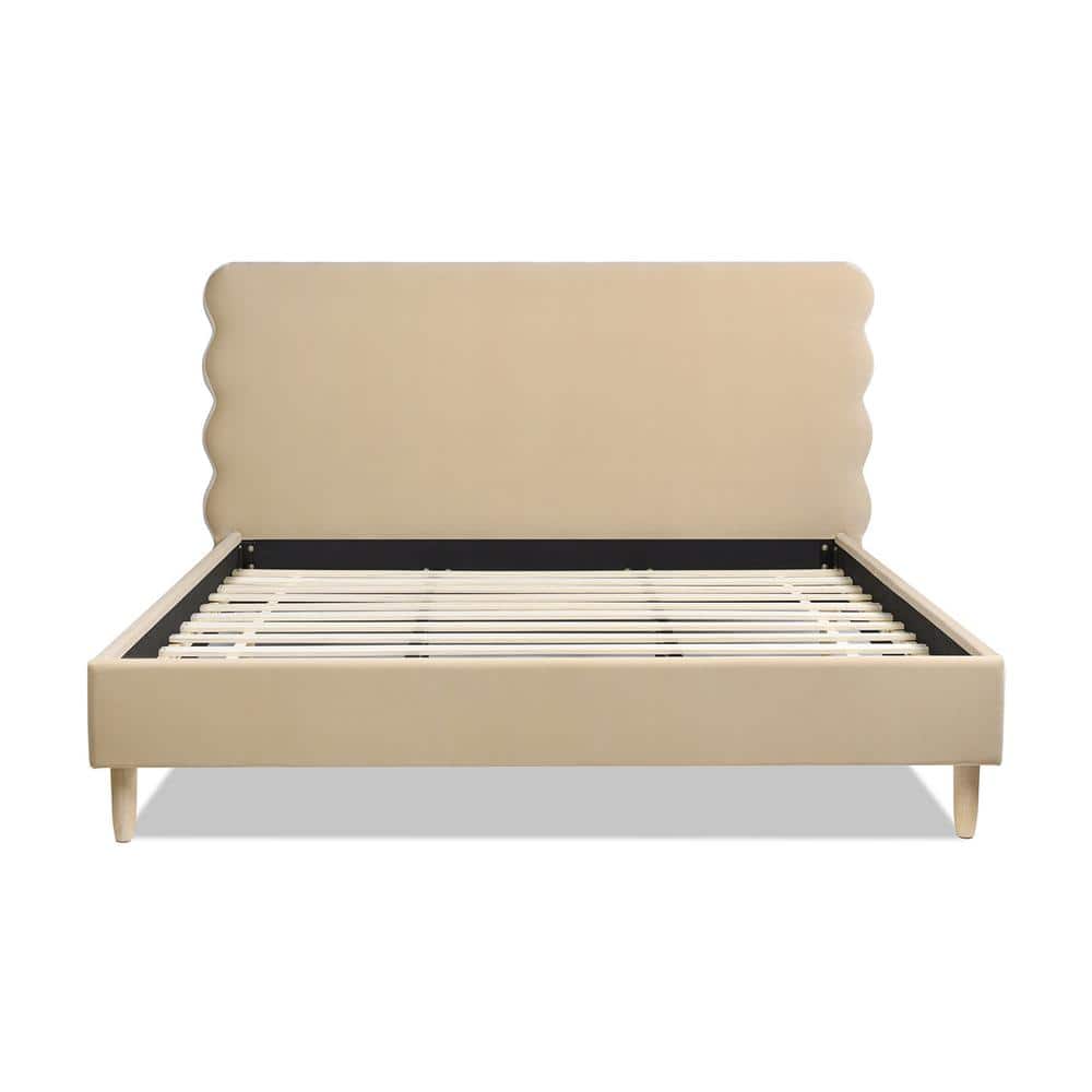 King Fawn Brown Velvet Upholstered Platform Bed with Wavy Headboard