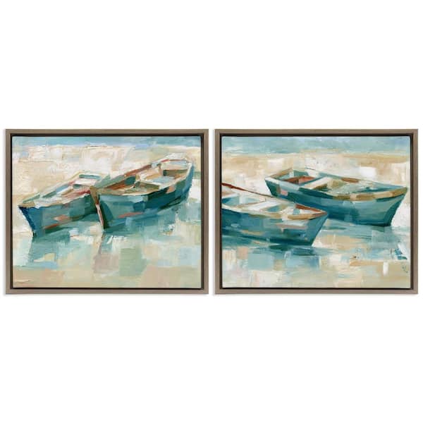 Stupell Industries Rowboat Pairs Washed Ashore by Ethan Harper 2-Pieces Brown Floater Frame Typography Graphic Art Print 25 in. x 31 in.