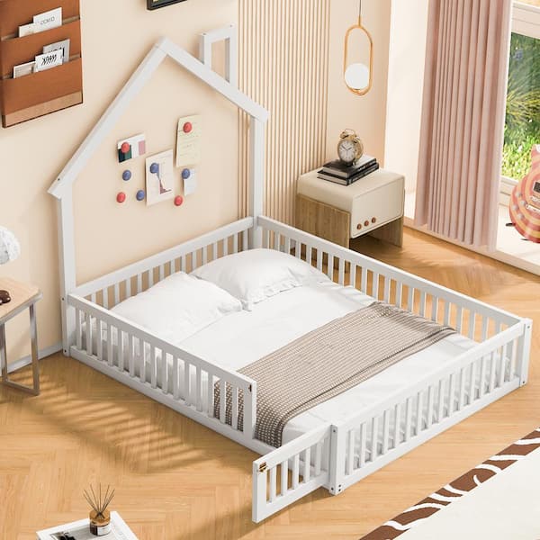 Harper & Bright Designs White Full Size Wooden House Platform Bed, Floor Bed with Roof and Chimney Design, Wood Slats, Door, Guardrail