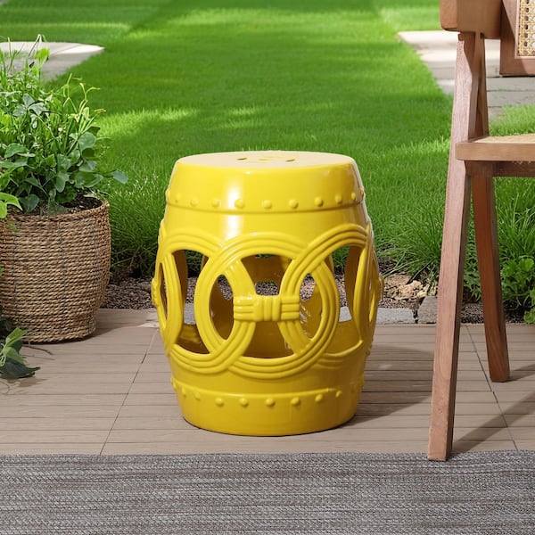 Lucky Coins 16" Chinese Ceramic Drum Garden Stool, Matte Yellow