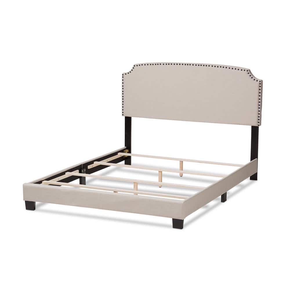 Light Beige Upholstered King Bed with Nailhead Trim