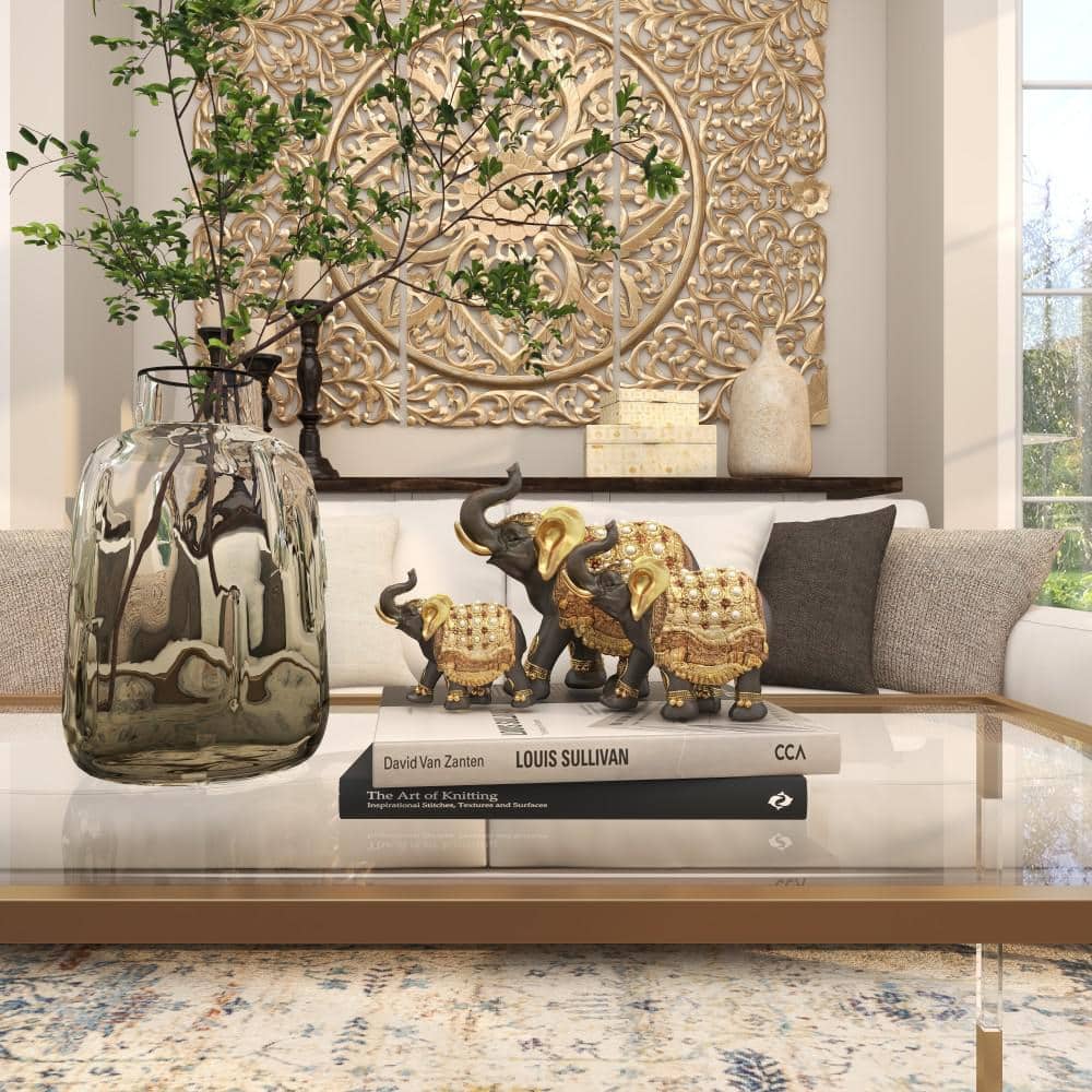 Majestic Trio Gold Polystone Elephant Statues with Satin Finish