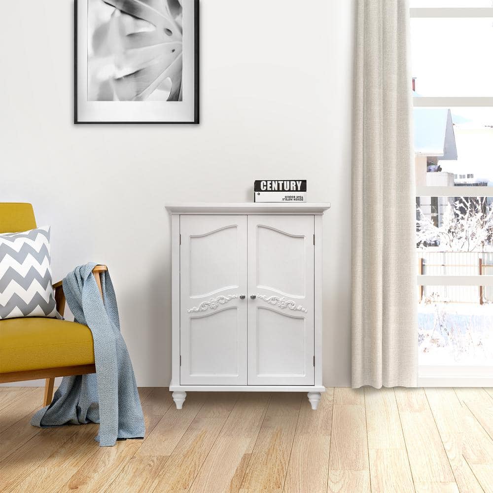 White Wooden Cabinet with Adjustable Shelves and Engraved Doors