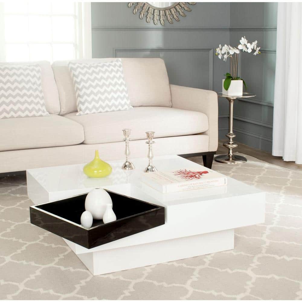 Wesley 35" White Lacquer Square Coffee Table with Black Tray