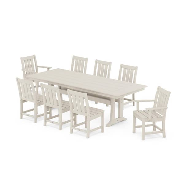 POLYWOOD Oxford 9-Piece Farmhouse Trestle Plastic Rectangular Outdoor Dining Set in Sand