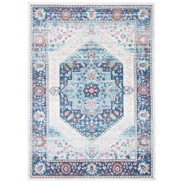 Phoenix 9 ft. x 12 ft. Ivory/Blue Distressed Medallion Border Area Rug