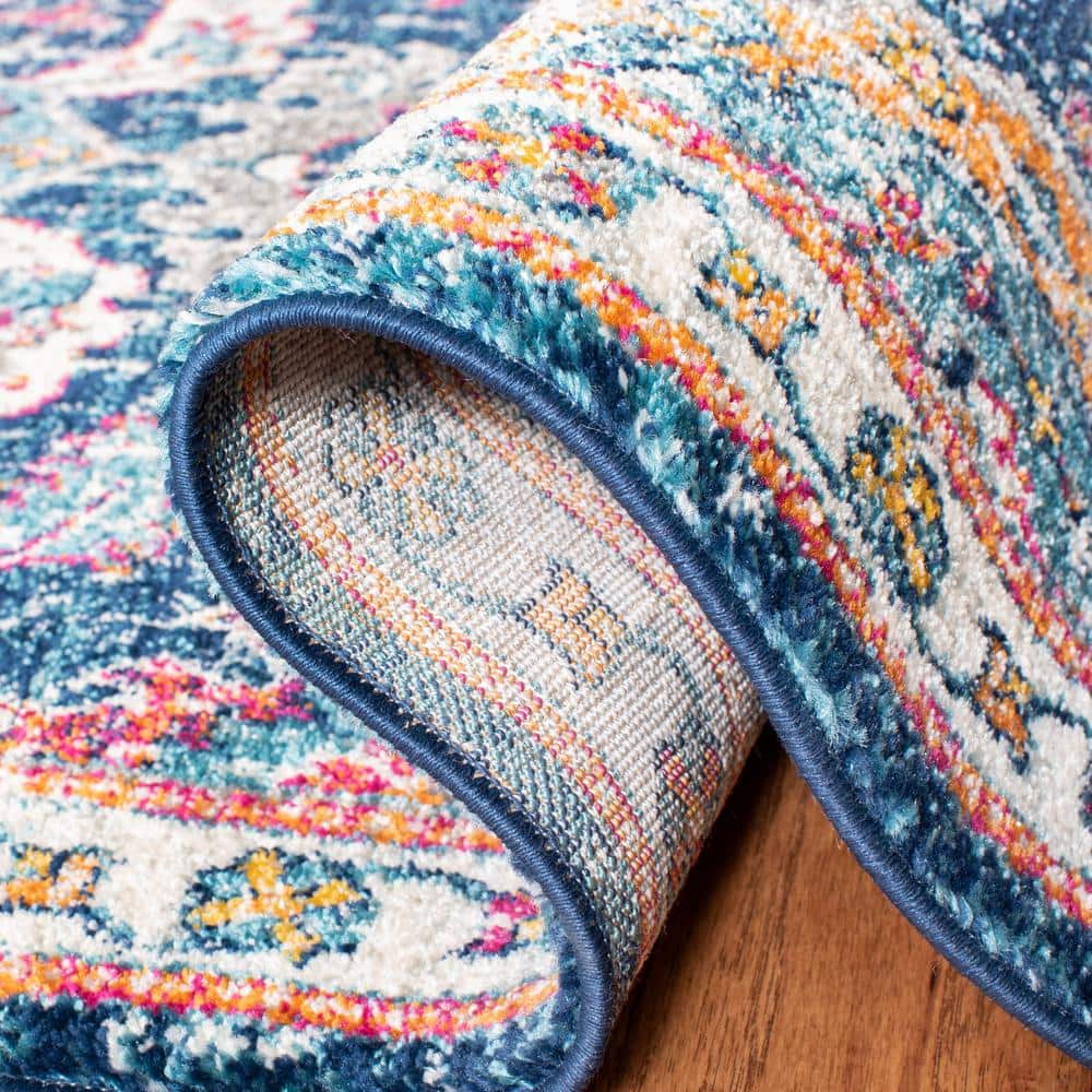 Navy and Fuchsia Floral High Pile Synthetic Runner Rug
