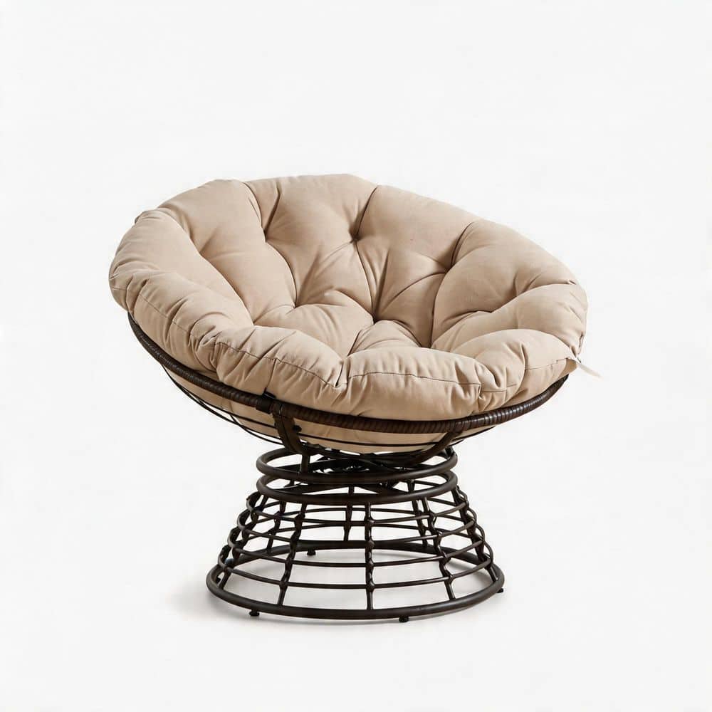 Brown Frame Ergonomic 360° Swivel Wicker Papasan Chair with Thick Cushion Steel Frame Outdoor Lounge Chair in Beige price history on PriceWatchPro