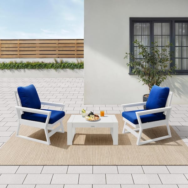 LuXeo Malibu White 3-Piece Plastic Deep Seating Set with Navy Cushions