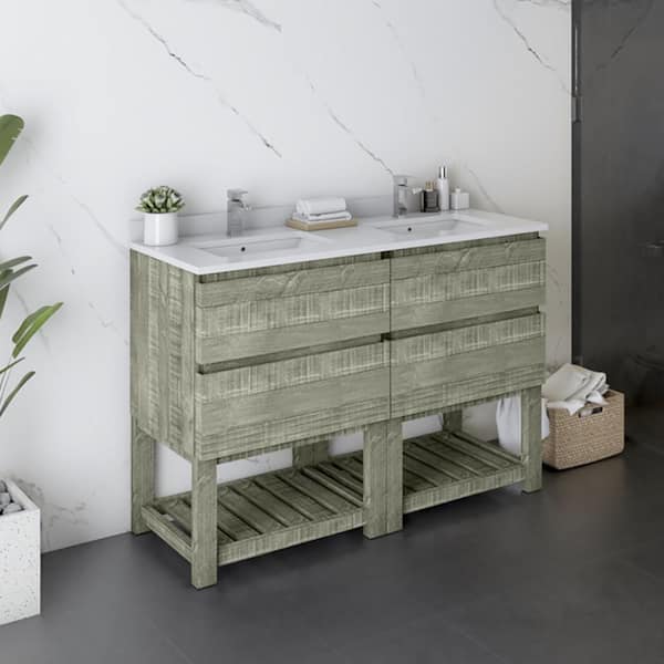 Fresca Formosa 48 in. Double Sink Freestanding Open Bottom Sage Gray Bath Vanity with White Quartz Top and Ceramic Sink