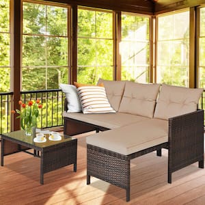 3-Piece Brown Wicker Patio Conversation Set with Tan Cushions