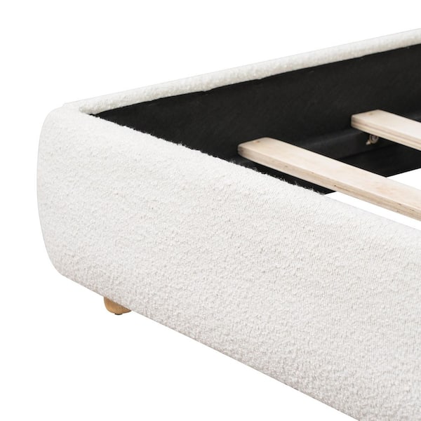 White Wood Frame King Size Boucle Fabric Upholstered Platform Bed with 2-Removable Pillow Headboard
