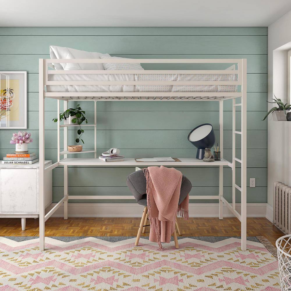 Off-White Twin Metal Loft Bed with Desk and Shelves