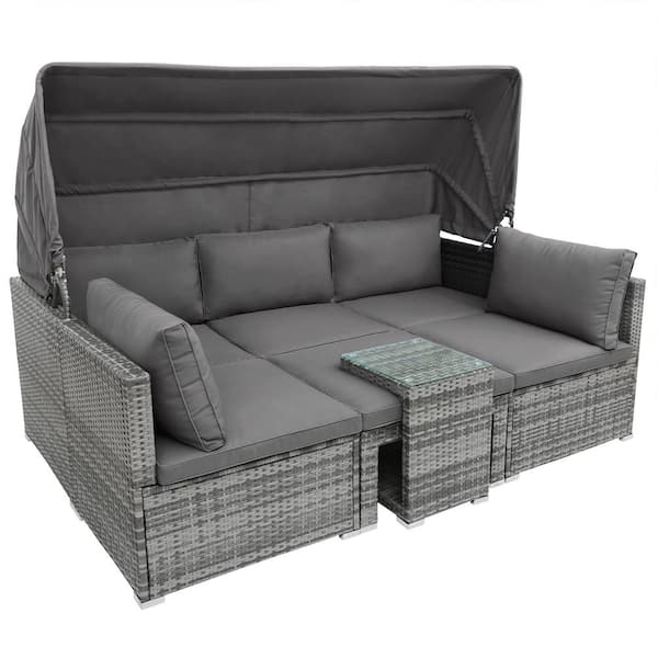 Mondawe Gray 5-Piece Wicker Outdoor Sectional Patio Sofa Set With Dark Gray Cushions and Canopy, Glass Side Table