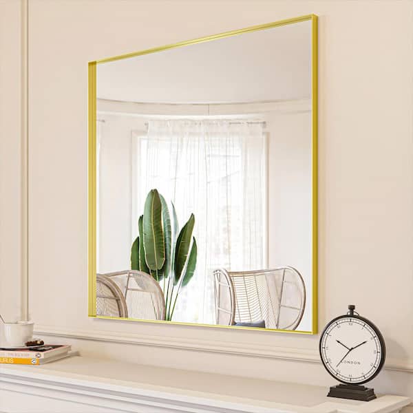 ORGANNICE 36 in. W x 36 in. H Gold Aluminum Rectangle Framed Tempered Glass Wall-mounted Mirror
