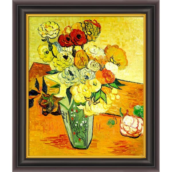 LA PASTICHE Japanese Vase with Roses and Anemones, 1890 by Vincent Van Gogh Opulent Framed Abstract Art Print 26 in. x 30 in.
