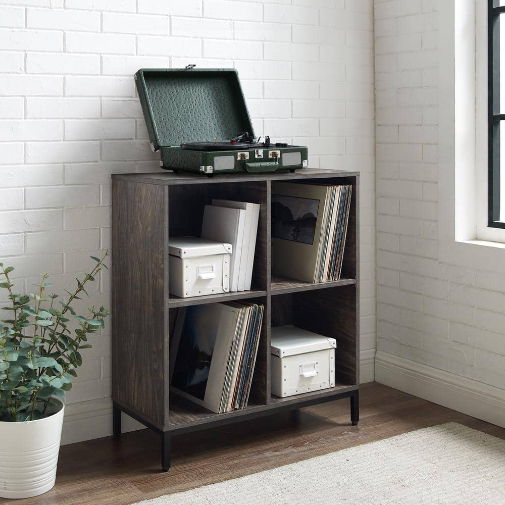 Brown Ash Four-Cube Record Storage Bookcase with Steel Legs