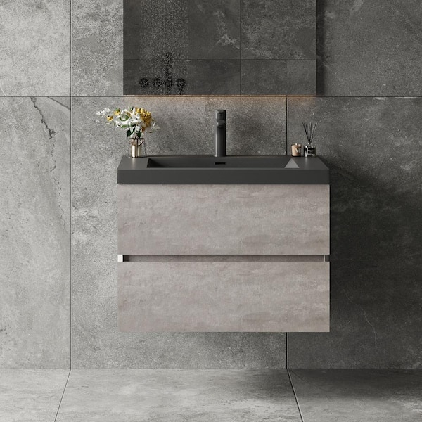 Opvande Lodi 30 in. W x 20 in. D x 16 in. H Single Floating Bathroom Vanity with Black Quartz Sand Top in Grey Assembled