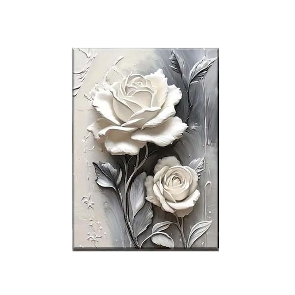 Elegant White Rose Framed Canvas Art, 24 x 20, Modern Black and White Floral Wall Decor